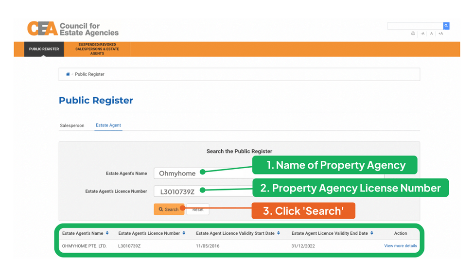 How to check property agency license in Singapore using CEA Public Register