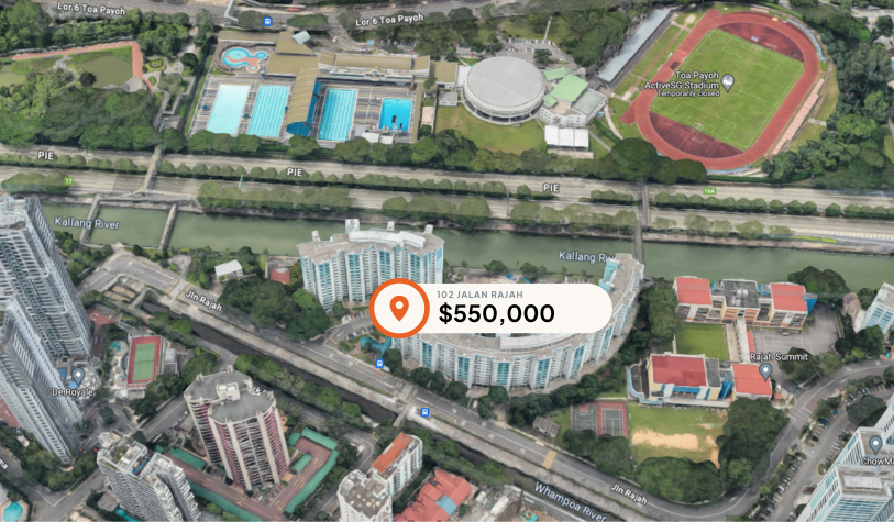 A screenshot of 102 Jalan Rajah HDB from Google Maps