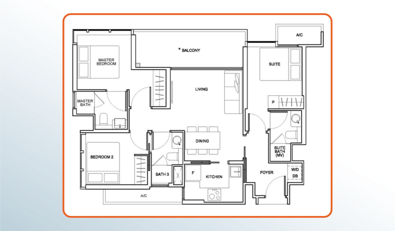 A sample unit layout for one of the condo units at Arena Residences