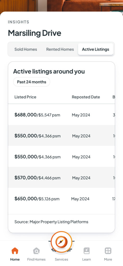 Homer AI app screen showing a list of homes recently sold on Marsiling Drive, providing sold prices, the month sold, and block numbers, with sales recorded in May 2024.