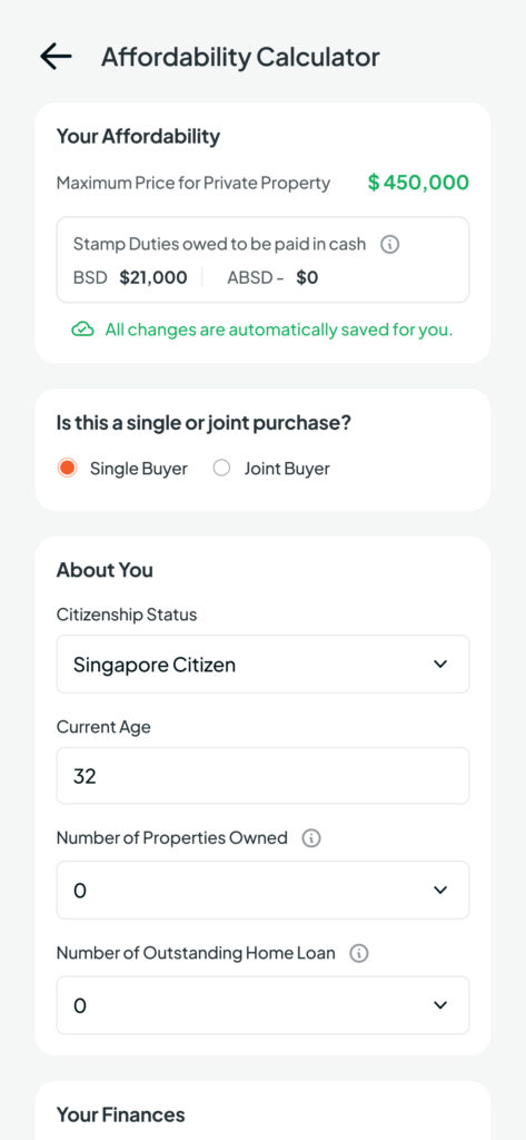Screenshot from the Homer AI app showing the Affordability Calculator, indicating a maximum price for private property of $450,000 with $21,000 in stamp duties for a single buyer who is a Singapore Citizen, aged 32 with no properties owned or outstanding home loans.