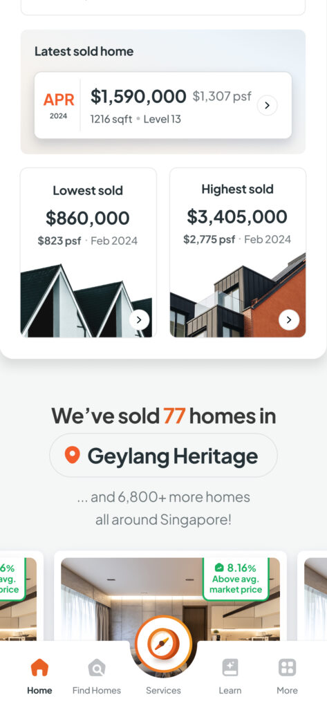 Screenshot of Homer AI app showcasing sales data for Geylang Heritage. The screen displays the latest home sold in April 2024 for $1,590,000 at 1216 sqft on Level 13. It also shows the lowest and highest sold homes in February 2024, priced at $860,000 and $3,405,000 respectively.