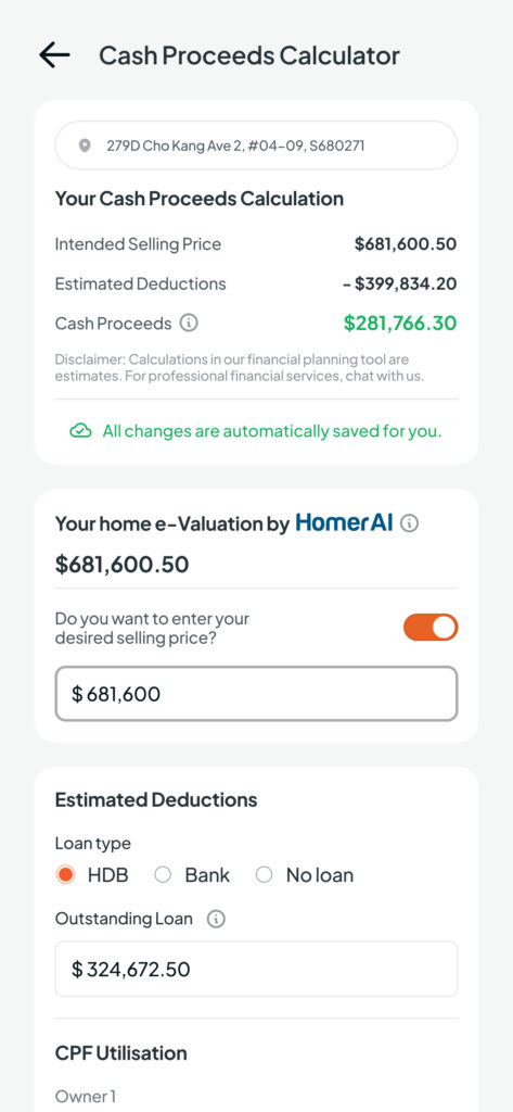 Homer AI app's Cash Proceeds Calculator screen, displaying an intended selling price of $681,600.50 for a property at 279D Cho Kang Ave 2, with estimated deductions totaling $399,834.20, resulting in cash proceeds of $281,766.30.