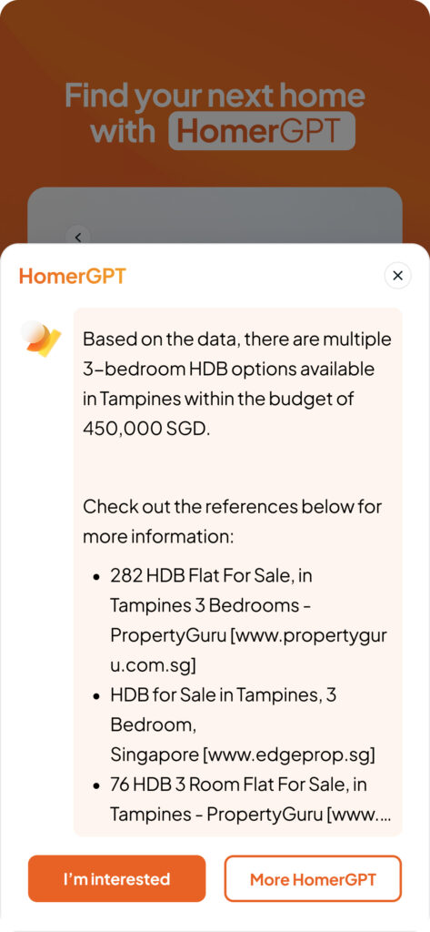 Homer AI app screen showing search results for 3-bedroom HDB flats in Tampines within a $450,000 SGD budget. It lists available properties and suggests further listings on external websites like PropertyGuru and EdgeProp.