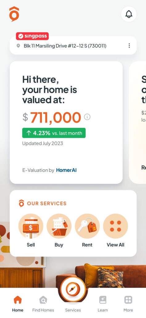 The image shows the Homer AI app screen for home valuation, displaying a property's value at $711,000, a 4.23% increase from the previous month. The app, powered by "HomerAI," provides options to buy, sell, or rent properties, with a navigation menu for additional services and information.