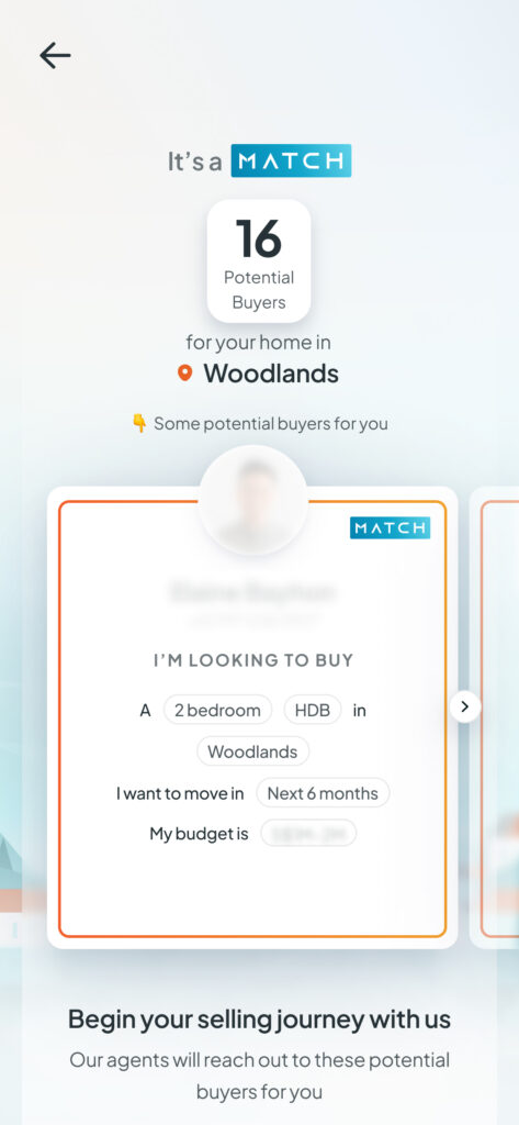 Homer AI app screen showing 16 potential buyers matched for a home in Woodlands, specifying interest in a 2-bedroom HDB with plans to move within the next 6 months.