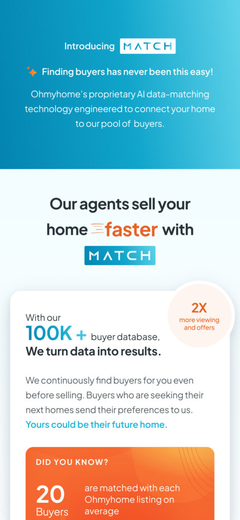 Introduction screen in the Homer AI app highlighting the MATCH feature, which uses AI data-matching technology to connect homes with a buyer pool, promising faster sales and more offers.