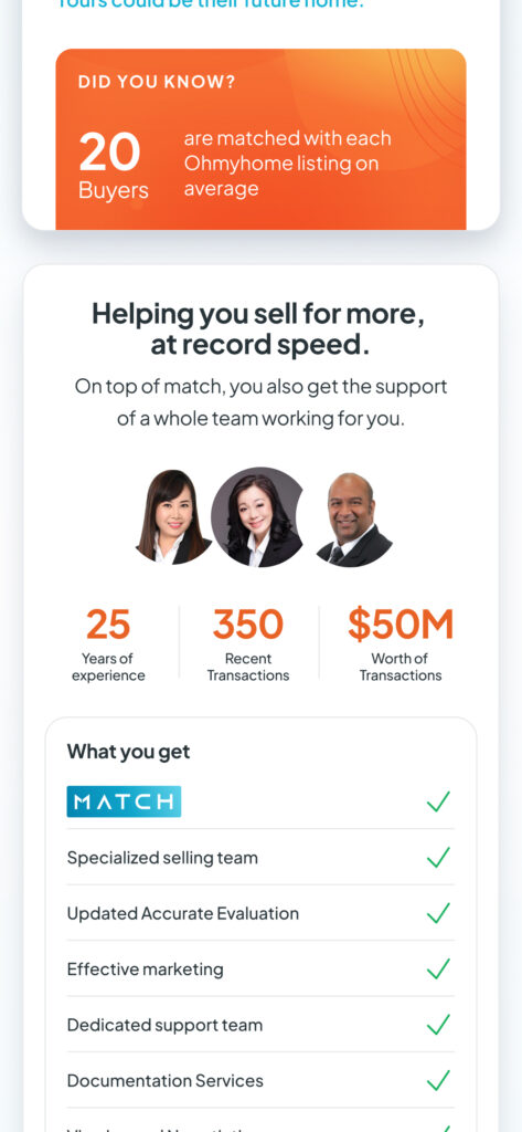 Homer AI app screen detailing the benefits of the MATCH feature, showing 20 buyers are matched on average with listings and listing the support provided by a specialized team, including updated evaluations and marketing.
