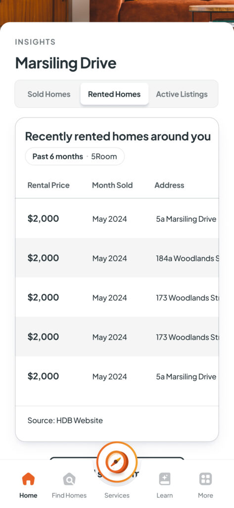Homer AI app interface showing a list of recently rented homes on Marsiling Drive, with each entry detailing the rental price, month rented, and the specific addresses, all rented in May 2024.