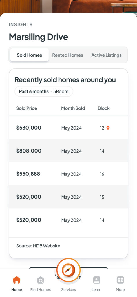 Screenshot of Homer AI app displaying active real estate listings for Marsiling Drive, including details such as listing price, price per square meter, and reposted date for May 2024.