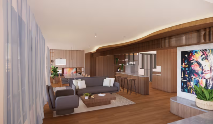 Artist's rendering of the new open-concept "White Flat" HDB BTO layout, featuring a combined living, dining, and kitchen area without partition walls, to be launched in the October 2024 BTO sales exercise.