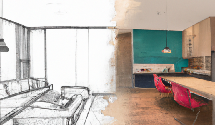 A split image showing the before and after of an open-concept living space renovation. The left side is a sketch with furniture outlines, while the right reveals the finished space with a kitchen island, dining table, and colourful accents.