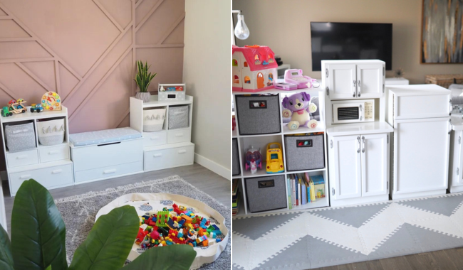 A living room transformed into a kid's play area with multifunctional storage furniture.