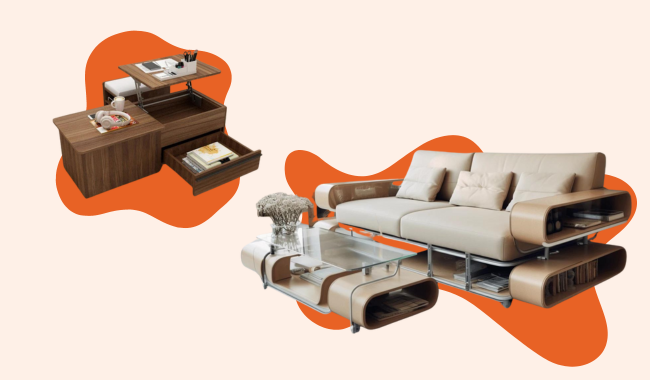 A two-part image showcasing multifunctional furniture for small spaces: a coffee table that transforms into a dining table and a sofa with built-in shelves and a coffee table.