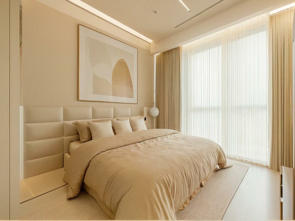 A modern bedroom decorated in neutral tones, featuring a large abstract painting above the bed and floor-to-ceiling windows with sheer curtains.
