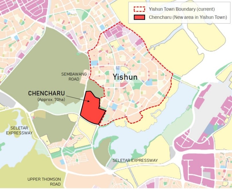 The map highlights the new 70-hectare Chencharu area within Yishun Town, situated along Sembawang Road. It shows the current Yishun Town boundary and the new Chencharu housing area, emphasizing its strategic location near major expressways and existing urban infrastructure.