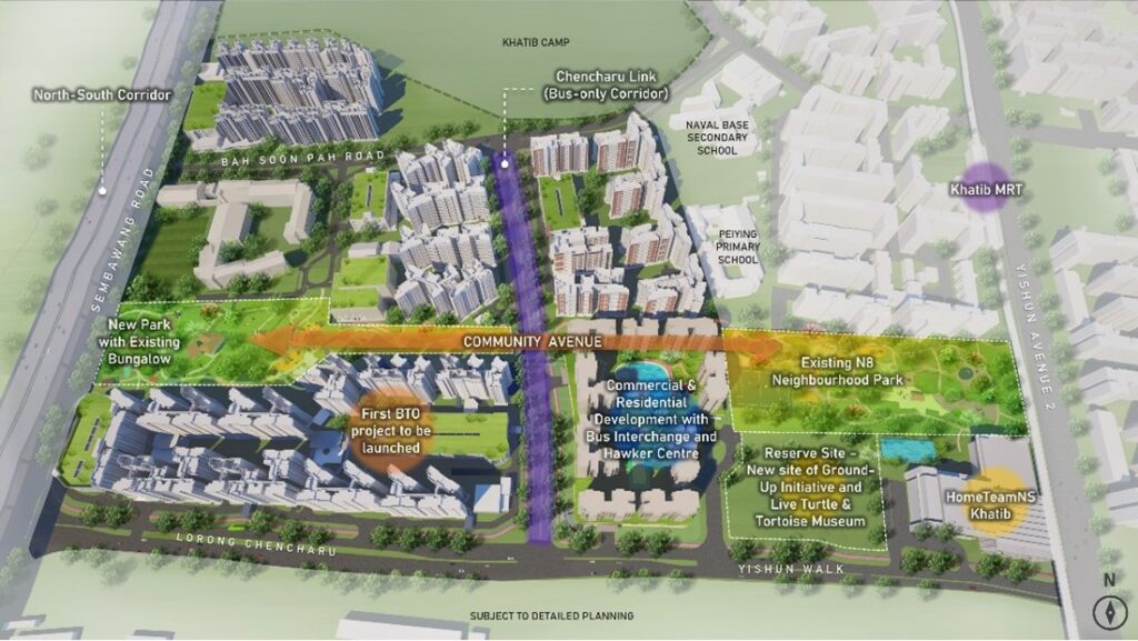 The image shows the layout for the new Chancharu estate near Khatib MRT station. Key features include the first BTO project to be launched with 1,200 units, a new park with an existing bungalow, a commercial and residential development with a bus interchange and hawker center, and proximity to Peiying Primary School and Naval Base Secondary School. Existing amenities like the N8 Neighbourhood Park and HomeTeamNS Khatib are also highlighted.