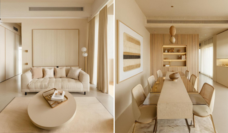 A modern living and dining room with a minimalist design. The rooms are decorated in a neutral beige color palette, with textured accents and natural materials.