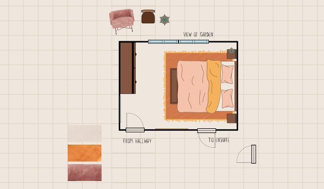 A floor plan of a bedroom with a bed, dresser, and chair. There is also a doorway leading to a hallway and another doorway leading to an ensuite bathroom.
