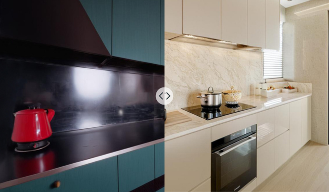 A kitchen is shown in two contrasting styles. On the left, it is modern with teal cabinets and black countertops. On the right, the kitchen is minimalist with light beige cabinets and white marbled countertops.