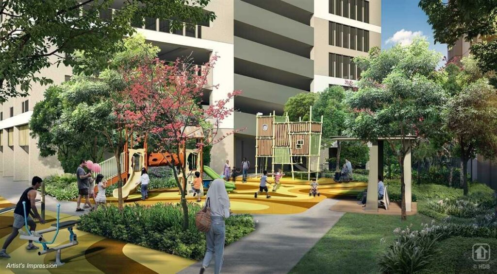 Artist's impression of a modern residential building complex with a playground, green spaces, and a community center. The design features a mix of high-rise and low-rise buildings with balconies and large windows. A diverse group of residents can be seen enjoying the amenities.