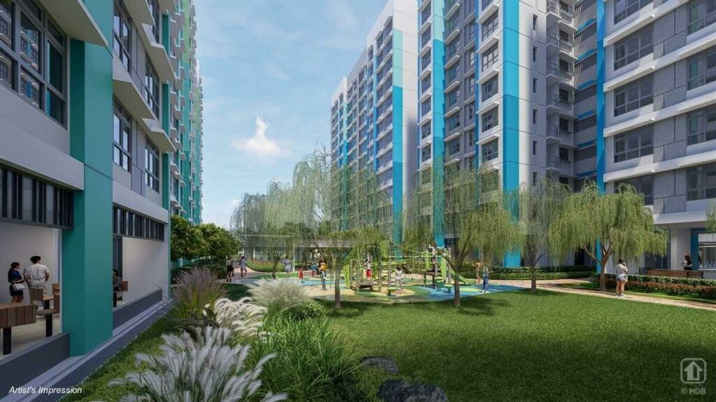 An artist's impression of a vibrant green courtyard in a residential complex, featuring a playground, lush greenery, and shaded seating areas for residents to relax and socialize. The buildings surrounding the courtyard are tall and modern with colorful accents.