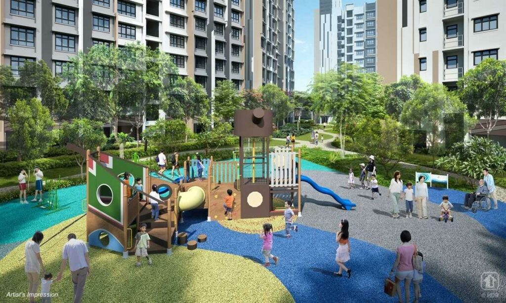 An artist's impression of the Tanjong Rhu Riverfront I & II development, featuring modern high-rise buildings with lush greenery lining a tranquil riverfront promenade. The development is set against a clear blue sky and the reflection of the buildings can be seen in the calm water.