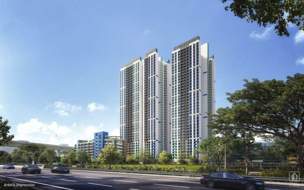 This is an artist's impression of Teban Breeze BTO, a new residential development in Jurong East. The image showcases the tall, modern apartment buildings surrounded by greenery, with a major road in the foreground and clear blue skies above.