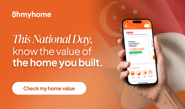 Singapore 61st National Day campaign featuring Ohmyhome free home valuation tool HomerAI with the Singapore flag and smartphone displaying a property value estimate